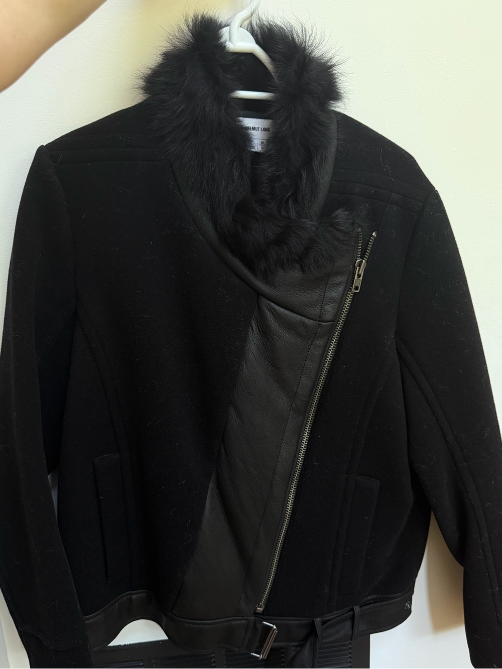Helmut Lang Black Fur-Trimmed Coat with Plush Collar